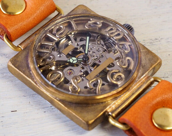 渡辺工房 手作り腕時計 手巻き式 裏スケルトン スクエア 36mmジャンボブラス 立体数字＆刻印数字 [NW-BHW096]