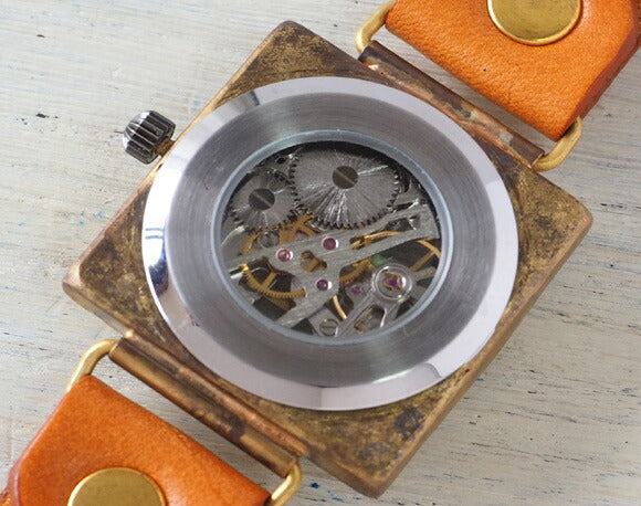 Watanabe Kobo Handmade Wristwatch Manual Winding Type Back Skeleton Square 36mm Jumbo Brass 3D Numbers &amp; Engraved Numbers [NW-BHW096] 