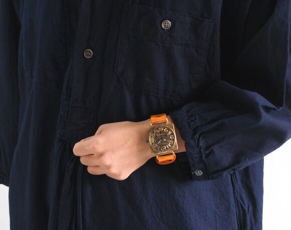 Watanabe Kobo Handmade Wristwatch Manual Winding Type Back Skeleton Square 36mm Jumbo Brass 3D Numbers &amp; Engraved Numbers [NW-BHW096] 