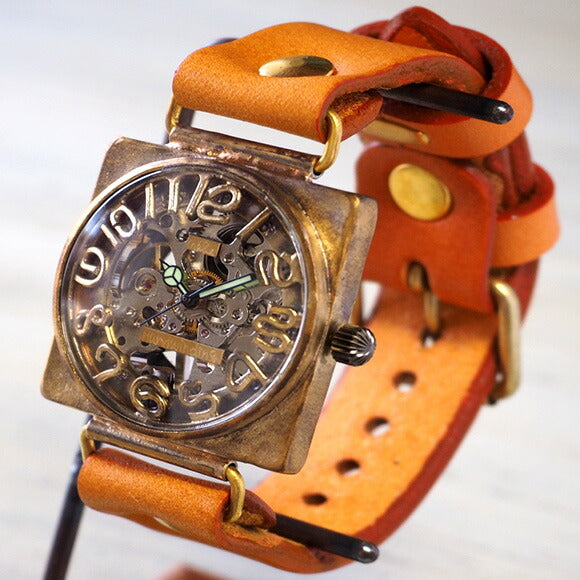 Watanabe Kobo Handmade Wristwatch Manual Winding Type Back Skeleton Square 36mm Jumbo Brass 3D Numbers &amp; Engraved Numbers [NW-BHW096] 