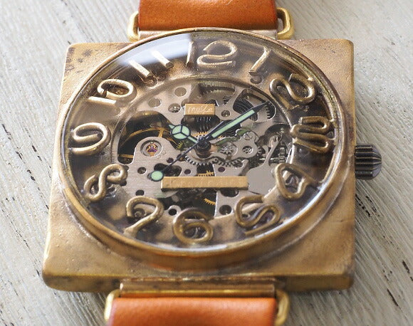 Watanabe Kobo Handmade Wristwatch Manual Winding Type Back Skeleton Square 40mm Jumbo Brass 3D Numbers &amp; Engraved Numbers [NW-BHW097] 