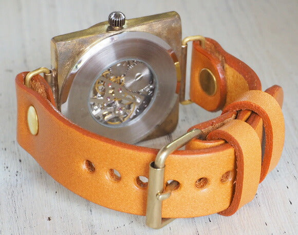 Watanabe Kobo Handmade Wristwatch Manual Winding Type Back Skeleton Square 40mm Jumbo Brass 3D Numbers &amp; Engraved Numbers [NW-BHW097] 