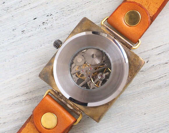 Watanabe Kobo Handmade Wristwatch Manual Winding Type Back Skeleton Square 40mm Jumbo Brass 3D Numbers &amp; Engraved Numbers [NW-BHW097] 