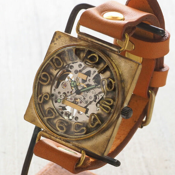 Watanabe Kobo Handmade Wristwatch Manual Winding Type Back Skeleton Square 40mm Jumbo Brass 3D Numbers &amp; Engraved Numbers [NW-BHW097] 