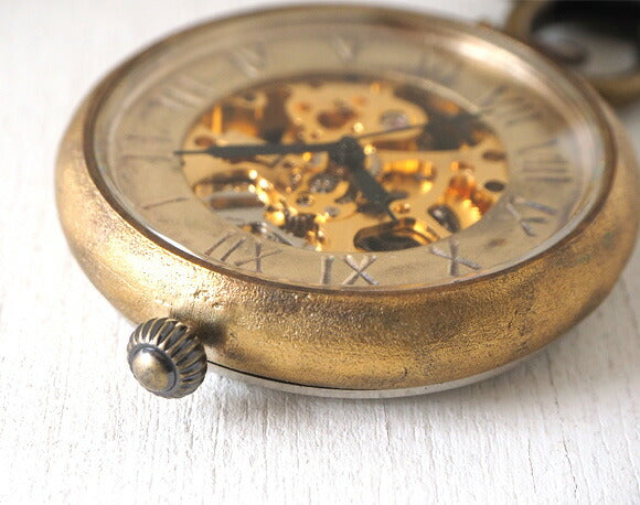 Watanabe Kobo Handmade Pocket Watch Manual Winding Back Skeleton Jumbo Brass Round Case Brass Chain [NW-BHW110] 