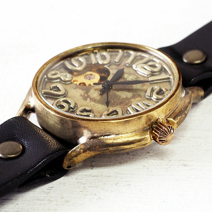 Watanabe Kobo Handmade Wristwatch Manual Winding Type Back Skeleton Jumbo Brass “Open Heart” Brazed Numbers [NW-BHW126] 