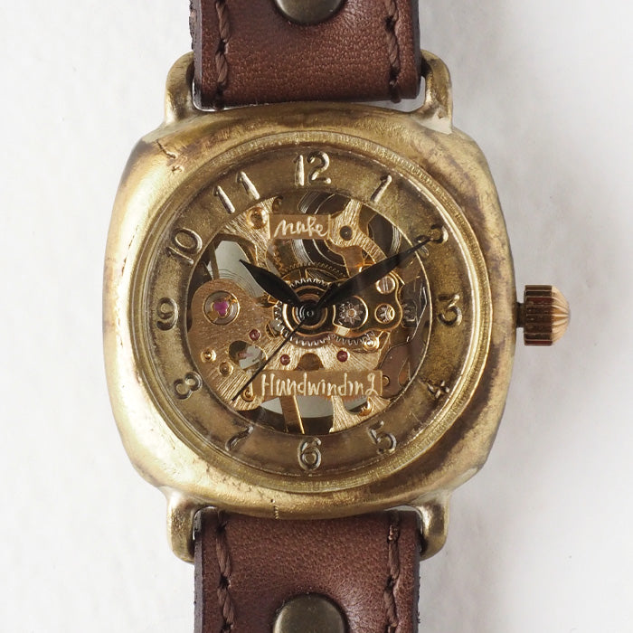 渡辺工房 機械式 手巻き腕時計 クッションケース 34mm アラビア数字 ミシンステッチ 牛革 ベルト[NW-BHW127-MS]