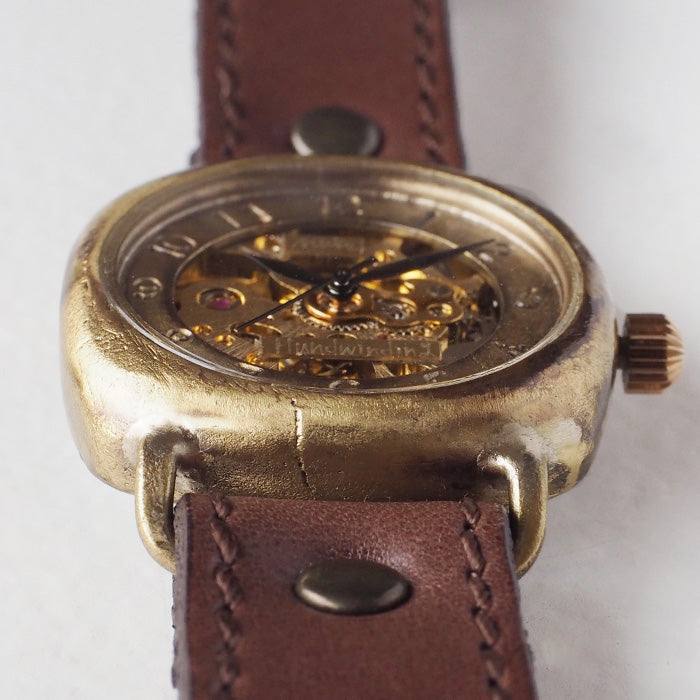 Watanabe Workshop 機械手上鍊手錶靠墊殼 34mm 阿拉伯數字縫紉機針跡牛皮皮帶 [NW-BHW127-MS] 