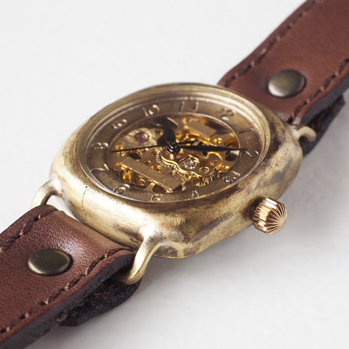 Watanabe Workshop 機械手上鍊手錶靠墊殼 34mm 阿拉伯數字縫紉機針跡牛皮皮帶 [NW-BHW127-MS] 