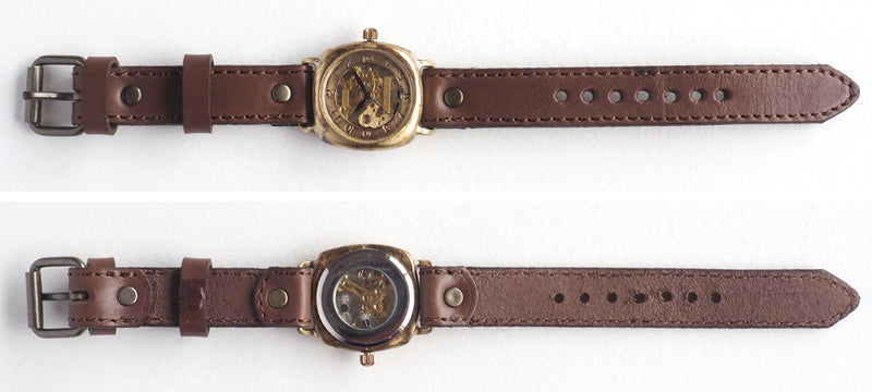 渡辺工房 機械式 手巻き腕時計 クッションケース 34mm アラビア数字 ミシンステッチ 牛革 ベルト[NW-BHW127-MS]