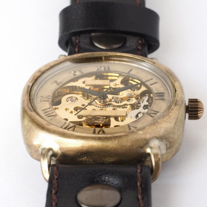 渡辺工房 機械式 手巻き腕時計 クッションケース 38mm ローマ数字 ミシンステッチ 牛革 ベルト[NW-BHW128-MS]