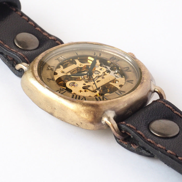 Watanabe Workshop 機械手上鍊手錶靠墊殼 38mm 羅馬數字縫紉機針跡牛皮皮帶 [NW-BHW128-MS] 