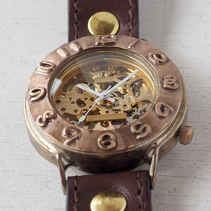 Watanabe workshop handmade watch hand-wound type 42mm copper bezel x brass case sewing machine stitch belt [NW-BHW145C-MS] 