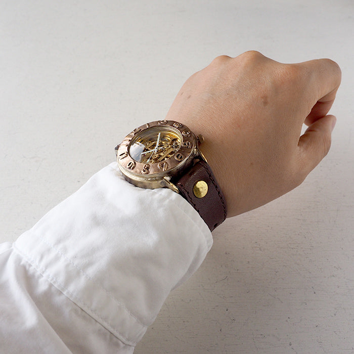 渡辺工房 手作り腕時計 手巻き式 42mm銅ベゼル×真鍮ケース ミシンステッチベルト [NW-BHW145C-MS]