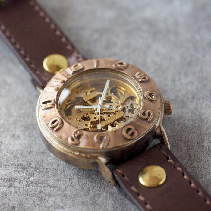 Watanabe workshop handmade watch hand-wound type 42mm copper bezel x brass case sewing machine stitch belt [NW-BHW145C-MS] 