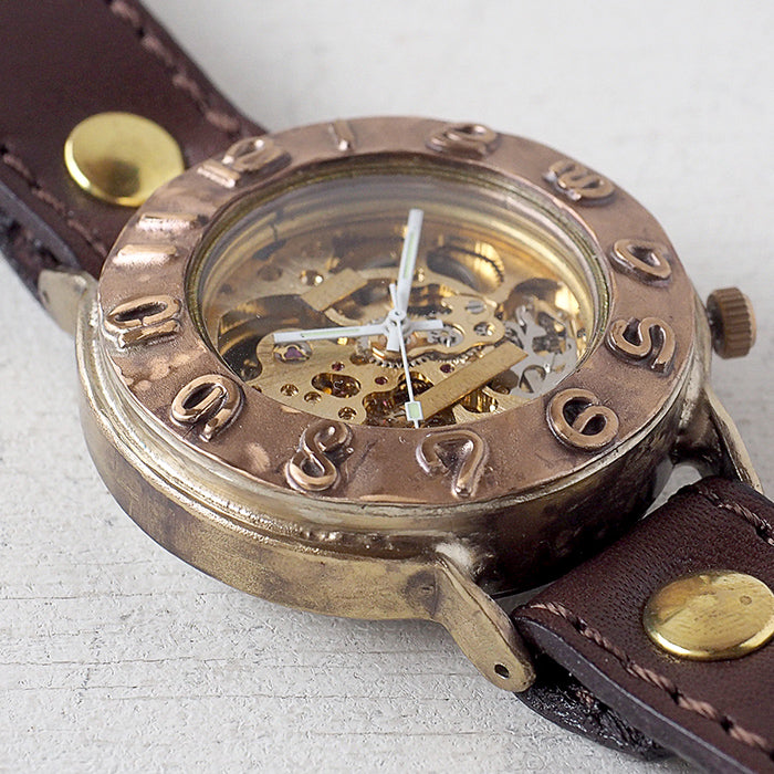Watanabe workshop handmade watch hand-wound type 42mm copper bezel x brass case sewing machine stitch belt [NW-BHW145C-MS] 