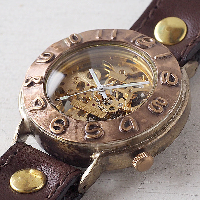 Watanabe workshop handmade watch hand-wound type 42mm copper bezel x brass case sewing machine stitch belt [NW-BHW145C-MS] 