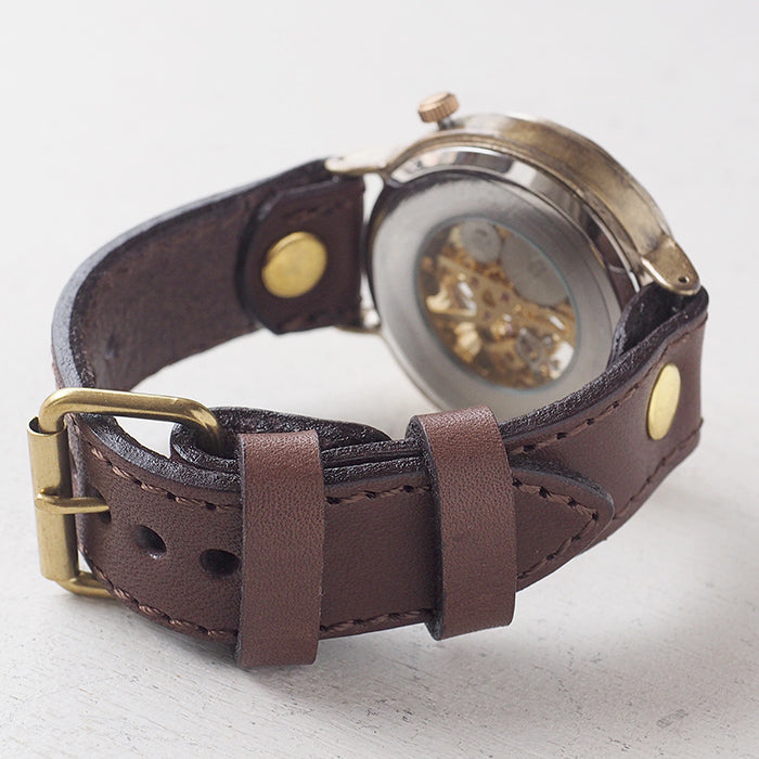 Watanabe workshop handmade watch hand-wound type 42mm copper bezel x brass case sewing machine stitch belt [NW-BHW145C-MS] 