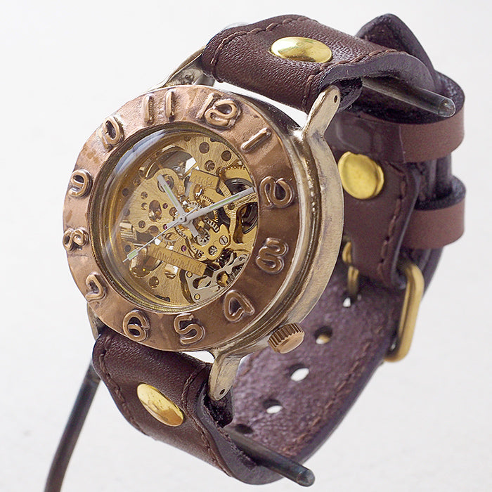 Watanabe workshop handmade watch hand-wound type 42mm copper bezel x brass case sewing machine stitch belt [NW-BHW145C-MS] 