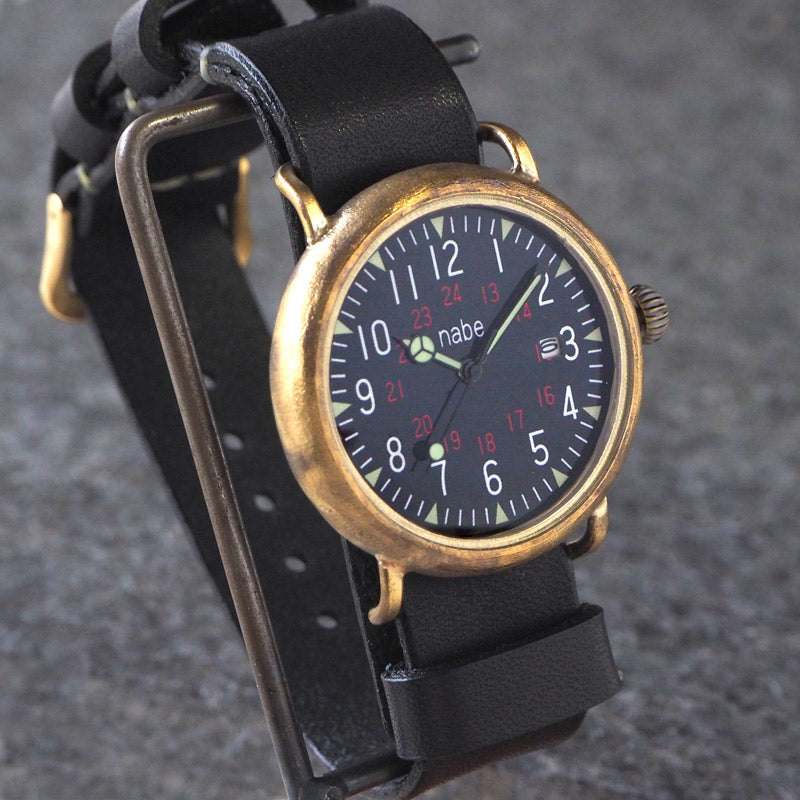 渡辺工房 手作り腕時計 黒文字盤 ミリタリーウォッチ カレンダー付 NATOベルト[NW-JUM155DATE]