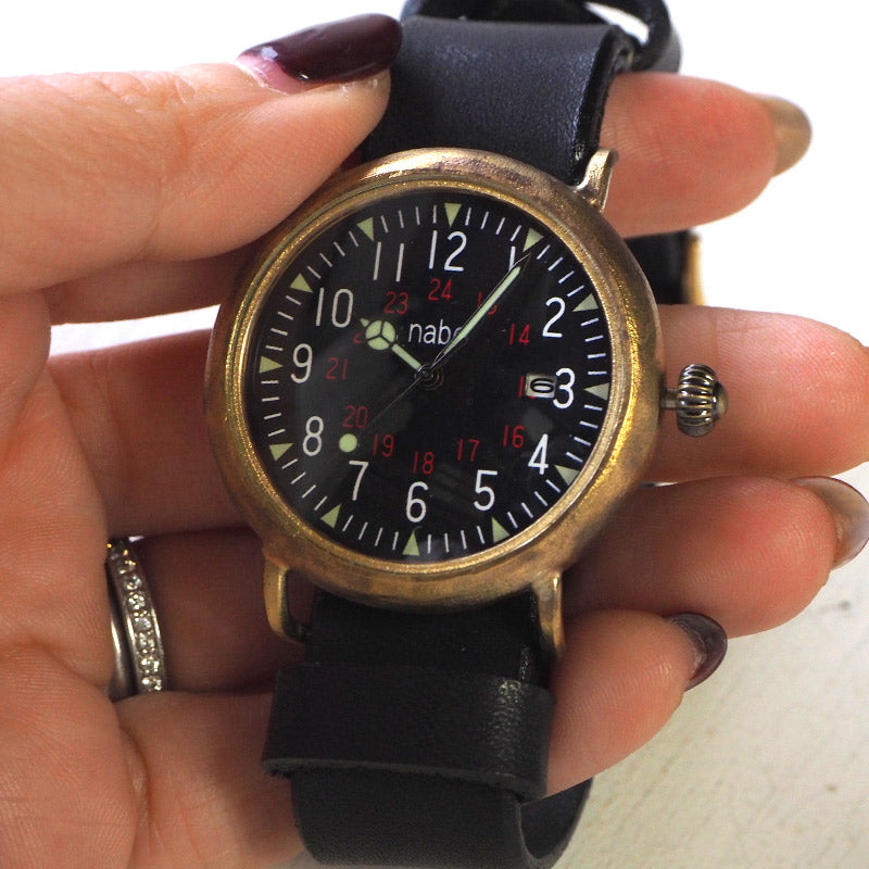 渡辺工房 手作り腕時計 黒文字盤 ミリタリーウォッチ カレンダー付 NATOベルト[NW-JUM155DATE]