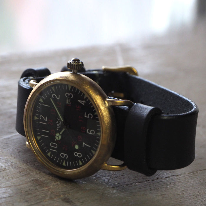 渡邊工坊手工手錶黑色錶盤軍用手錶帶日曆北約皮帶 [NW-JUM155DATE] 