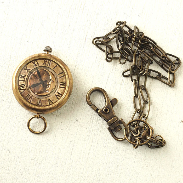 Watanabe Koubou Handmade Pocket Watch “Crescent Moon-JB” Jumbo Brass Round Case Brass Chain [NW-JUM158CM] 