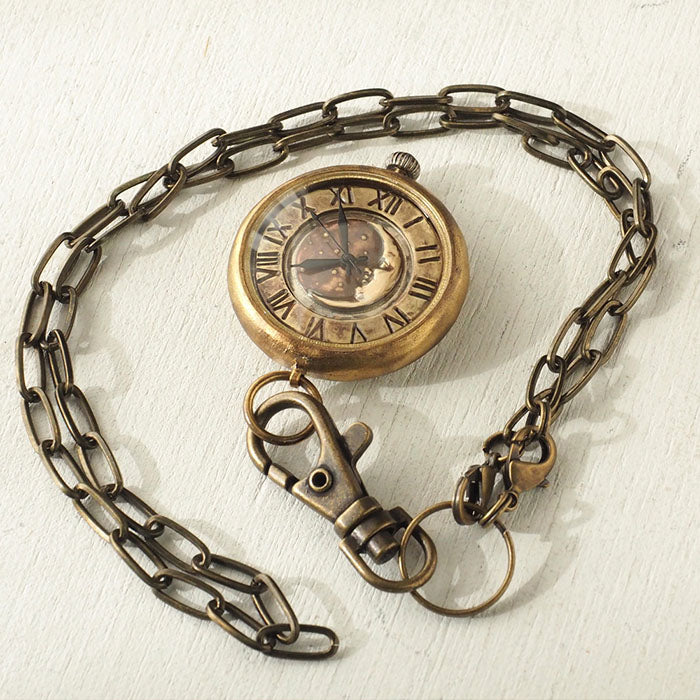 渡辺工房 手作り懐中時計 “Crescent Moon-JB” ジャンボブラス 甲丸ケース 真鍮チェーン [NW-JUM158CM]