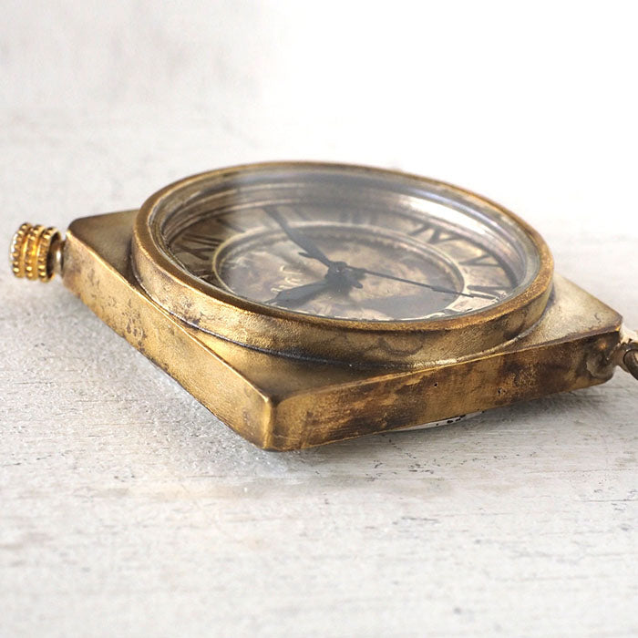 Watanabe Koubou Handmade Pocket Watch Rhombus Case Roman Numerals Brass Chain [NW-JUM160] 