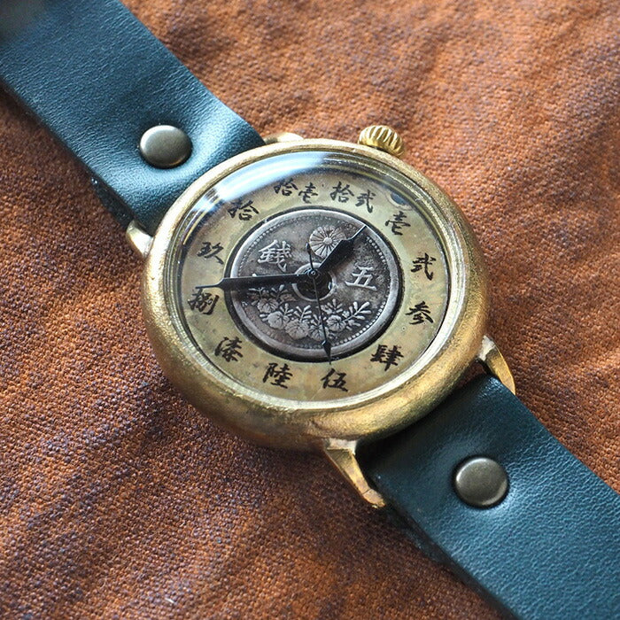 Watanabe Koubou Handmade Watch Slanted Dial “Wanokoku 7” 5-sen Coin Round Case Jumbo Brass 38mm [NW-JUM165] 