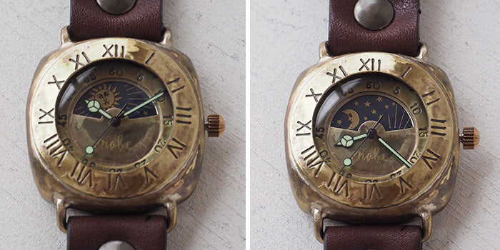 渡辺工房 手作り腕時計 “Caramel Box-S＆M-JB” 38mmクッション型 真鍮ケース SUN＆MOON ローマ数字ベゼル[NW-JUM187SM]