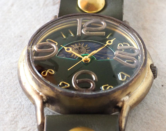 Watanabe Koubou 手工手錶 “JB2-SUN &amp; MOON” Jumbo 黃銅 顏色 錶盤 綠色 [NW-JUM31B-SM-GR] 
