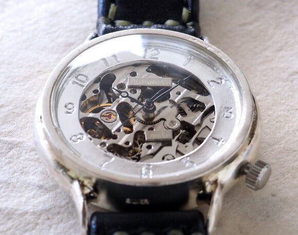 Watanabe Kobo 手工手錶自動上鍊背面鏤空阿拉伯數字雕刻男士銀色手工縫製皮帶 [NW-SAM021] 