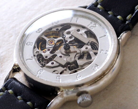 Watanabe Kobo Handmade Watch Automatic Winding Back Skeleton Arabic Numerals Engraved Men's Silver Hand-sewn Belt [NW-SAM021] 