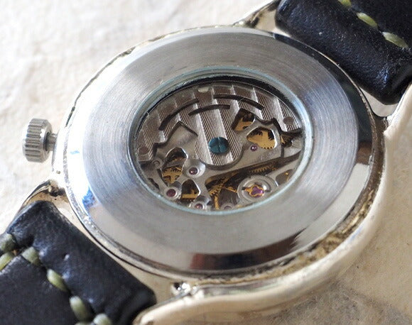 Watanabe Kobo Handmade Watch Automatic Winding Back Skeleton Arabic Numerals Engraved Men's Silver Hand-sewn Belt [NW-SAM021] 