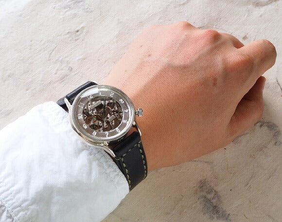 Watanabe Kobo 手工手錶自動上鍊背面鏤空阿拉伯數字雕刻男士銀色手工縫製皮帶 [NW-SAM021] 