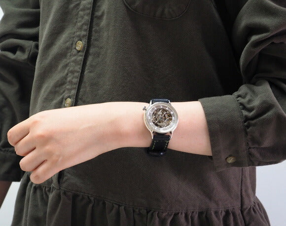 渡辺工房 手作り腕時計 自動巻き 裏スケルトン アラビア数字刻印 メンズシルバー 手縫いベルト [NW-SAM021]