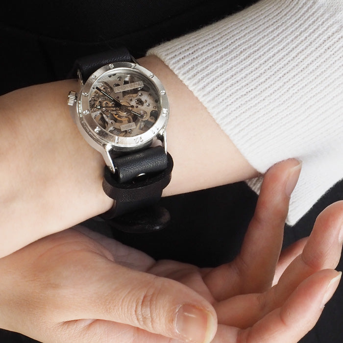 Watanabe Kobo Handmade Wristwatch Manual Winding Type Back Skeleton Men's Silver [NW-SHW027] 