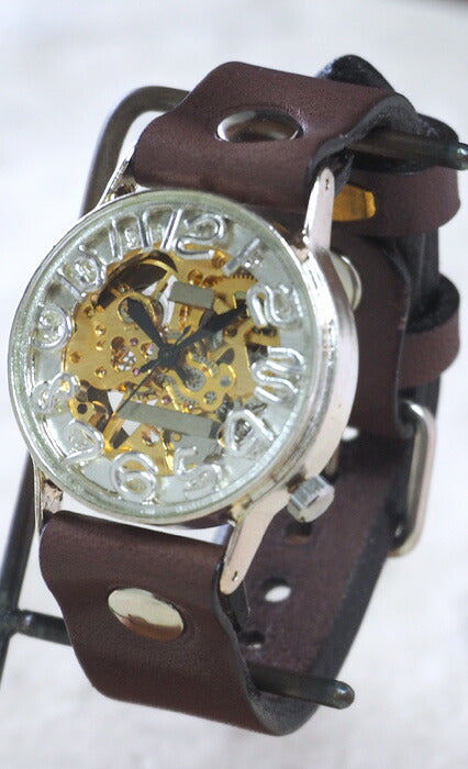 渡辺工房 手作り腕時計 手巻き式 裏スケルトン ジャンボシルバー ゴールドムーブメント [NW-SHW060]