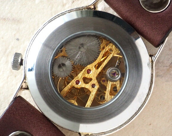 渡辺工房 手作り腕時計 手巻き式 裏スケルトン ジャンボシルバー ゴールドムーブメント [NW-SHW060]