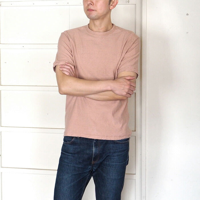 Hand-dyed plain color, hanging knit jersey, organic cotton, short sleeve T-shirt, "Haizakurairo" for men [OT-HAI]
