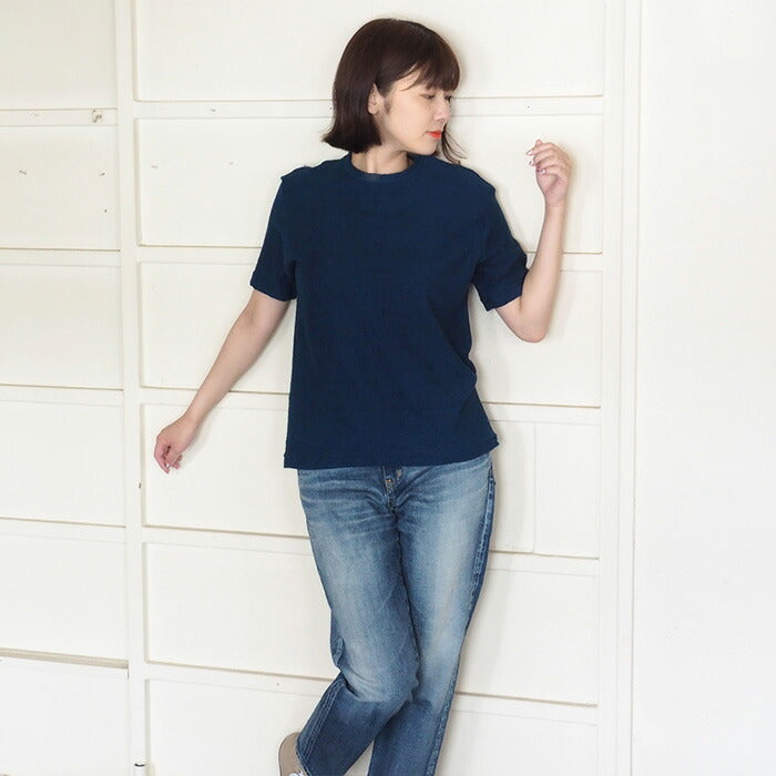 Hand-dyed plain color, hanging knit, organic cotton, short sleeve T-shirt, "Indigo" for women [OT-HAN-LADIES]