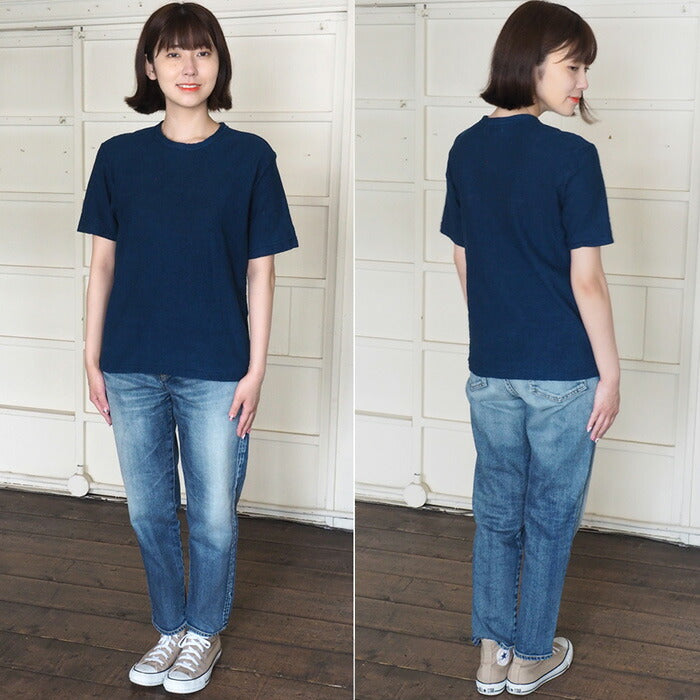 Hand-dyed plain color, hanging knit, organic cotton, short sleeve T-shirt, "Indigo" for women [OT-HAN-LADIES]