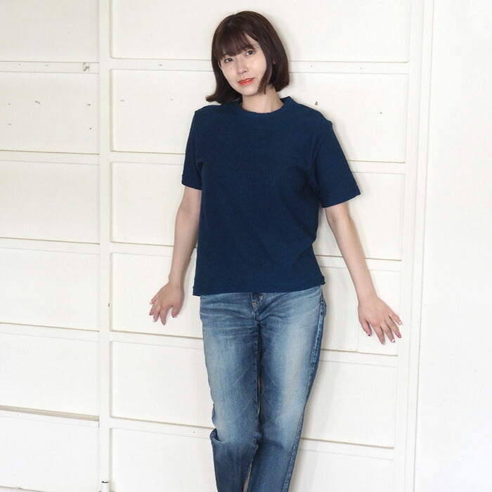 Hand-dyed plain color, hanging knit, organic cotton, short sleeve T-shirt, "Indigo" for women [OT-HAN-LADIES]