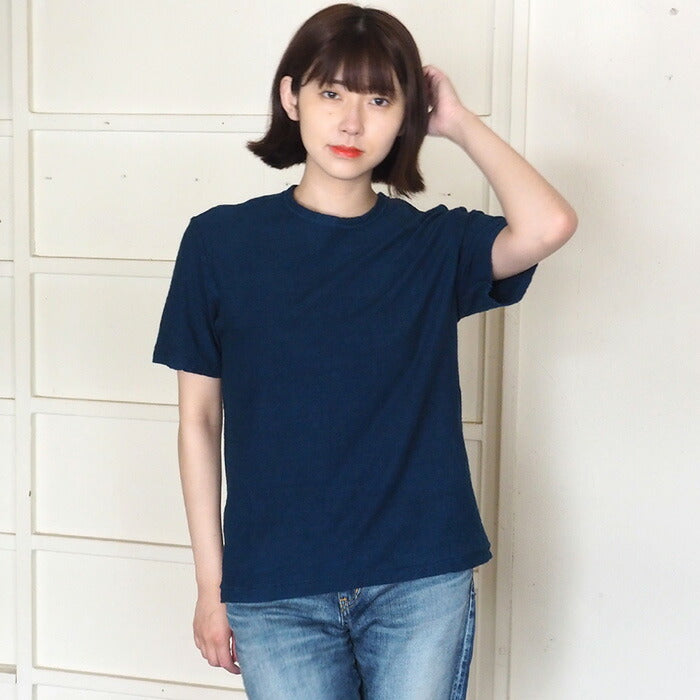 Hand-dyed plain color, hanging knit, organic cotton, short sleeve T-shirt, "Indigo" for women [OT-HAN-LADIES]