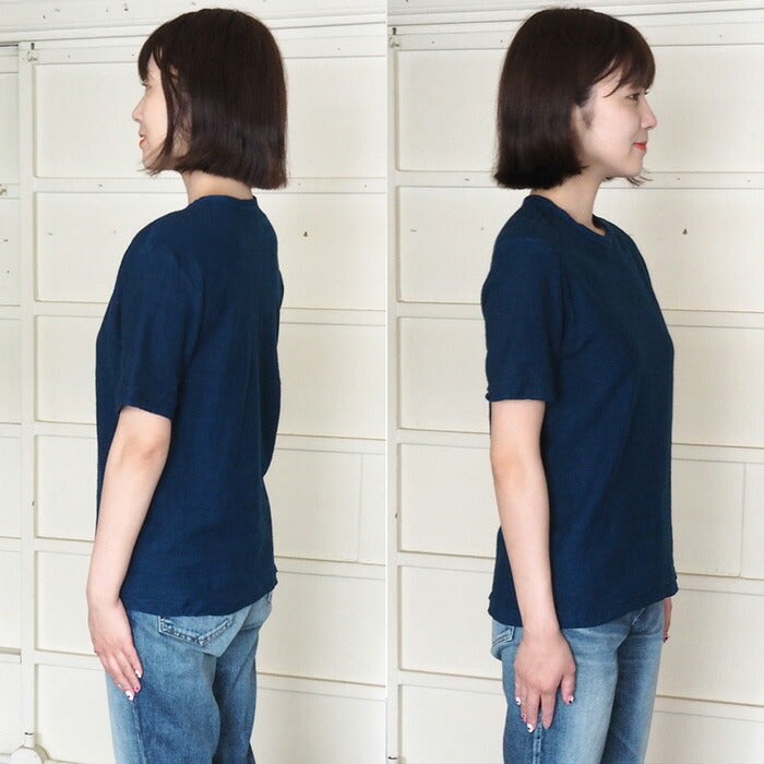 Hand-dyed plain color, hanging knit, organic cotton, short sleeve T-shirt, "Indigo" for women [OT-HAN-LADIES]