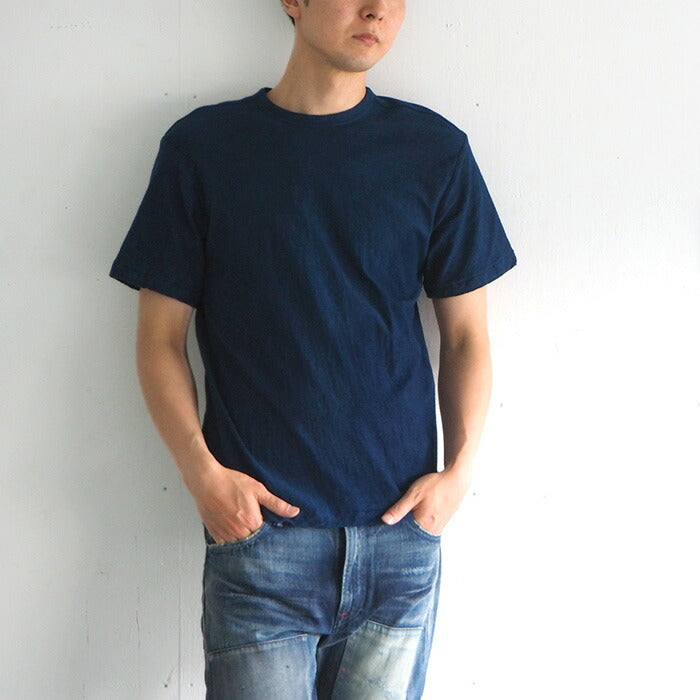 Hand-dyed plain color, hanging knit, organic cotton T-shirt, short sleeve, "indigo blue" for men and women [OT-HAN]