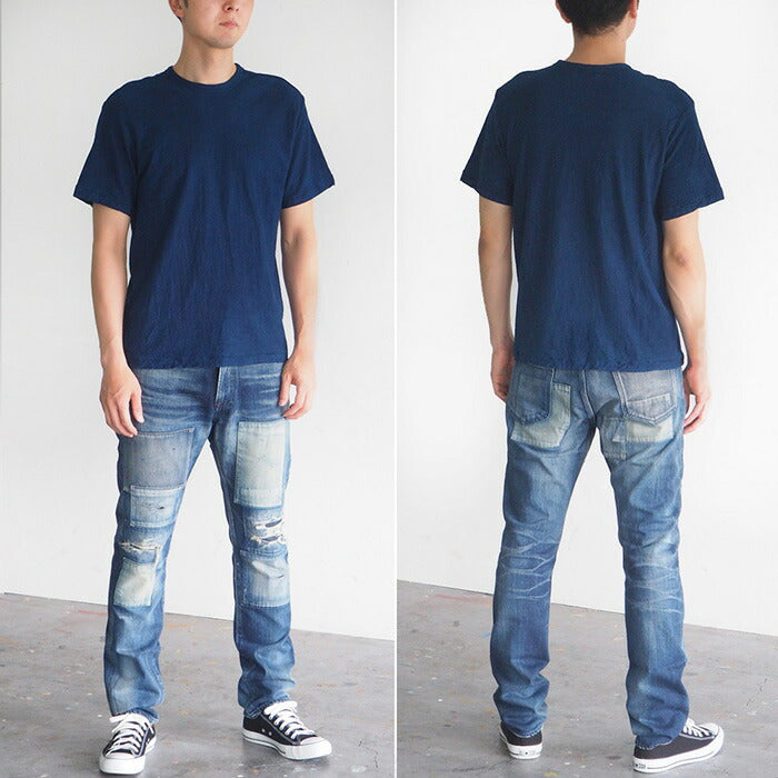 Hand-dyed plain color, hanging knit, organic cotton T-shirt, short sleeve, "indigo blue" for men and women [OT-HAN]