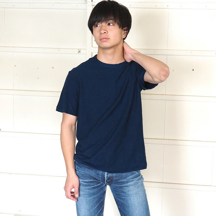 Hand-dyed plain color, hanging knit, organic cotton T-shirt, short sleeve, "indigo blue" for men and women [OT-HAN]