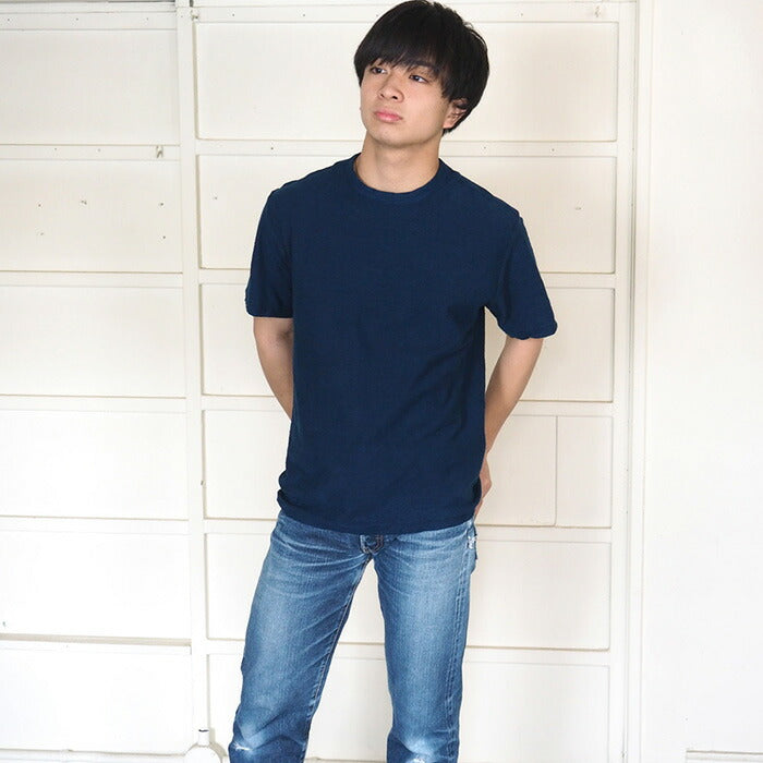 Hand-dyed plain color, hanging knit, organic cotton T-shirt, short sleeve, "indigo blue" for men and women [OT-HAN]
